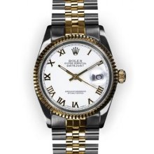 Men's Two Tone White Roman Dial Fluted Bezel Rolex Datejust (364)