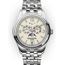 Mens White Gold Cream Dial Patek Philippe Complicated Annual Calendar