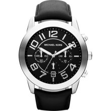 Michael Kors 'Mercer' Large Chronograph Leather Strap Watch, 45mm Black/ Silver