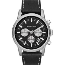 Michael Kors 'Scout' Chronograph Leather Strap Watch, 43mm Black/ Silver