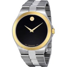 Movado Men's Stainless Steel Quartz Black Dial Gold Hands Gold Bezel 0606557