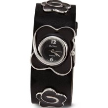 New Women's Silver Tone Quartz Black Leather Band Watch