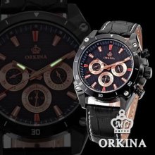 Orkina Leather 6 Hands 3 Dial 24 Hours Analog Men Quartz Sport Wrist Watch