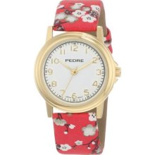 Pedre 0231Gx-Red Asian Floral Women'S 0231Gx Gold-Tone Red Asian Floral Strap Watch