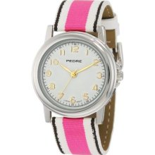 Pedre 0231Sx-Pink-White-Black Women'S 0231Sx Silver-Tone Pink-White-Black Stripe Grosgrain Strap Watch