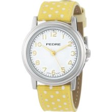 Pedre 0231Sx Yellow Polka Dot Women'S 0231Sx Yellow Polka Dot Grosgrain Strap Silver-Tone Watch