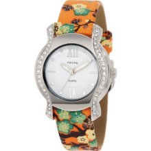 Pedre 6400Sx-Orange Asian Floral Women'S 6400Sx Silver-Tone Orange Asian Floral Strap Watch
