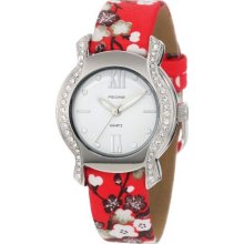 Pedre 6400Sx-Red Asian Floral Women'S 6400Sx Silver-Tone Red Asian Floral Strap Watch