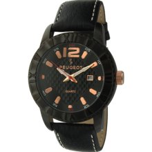 Peugeot Men's Leather Sport Bezel Watch - Black