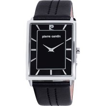 Pierre Cardin Men's Black Rectangular Dial Watch, Leather Strap