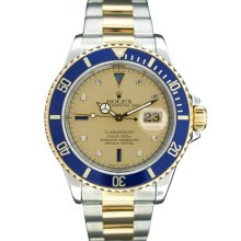Pre-owned Rolex 16613 Men's Submariner Two-tone Steel Serti Gold Dial Watch