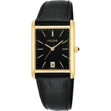 Pulsar Mens Black Leather Strap Watch