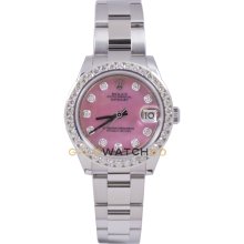Rolex 31mm Midsize Datejust Model 178240 Stainless Steel Oyster Band Custom Added Pink MOP Diamond Dial and 2CT Diamond Bezel