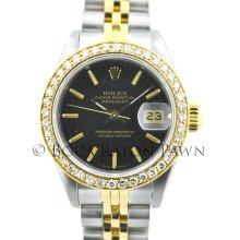 Rolex 61973 Ladies Two Tone Datejust Black Dial Diamond Bezel Watch