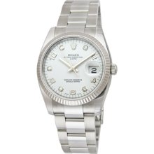 Rolex Date White Diamond Dial Fluted Bezel Mens Watch 115234WDO