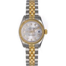 Rolex Ladies 2-Tone Datejust Watch 179173 Factory Silver Diamond Dial