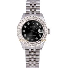 Rolex Ladys New Style Heavy Band Stainless Steel Datejust Model 179174 Jubilee Band Custom Added Black Diamond Dial & 2Ct Diamond Bezel