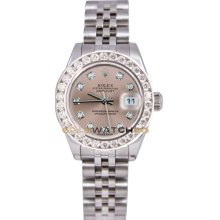 Rolex Ladys New Style Heavy Band Stainless Steel Datejust Model 179174 Jubilee Band Custom Added Pink Mother Of Pearl Diamond Dial & 2Ct Diamond Bezel