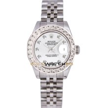 Rolex Ladys New Style Heavy Band Stainless Steel Datejust Model 179174 Jubilee Band Custom Added White Diamond Dial & 2Ct Diamond Bezel