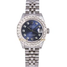 Rolex Ladys New Style Heavy Band Stainless Steel Datejust Model 179174 Jubilee Band Custom Added Blue Diamond Dial & 2Ct Diamond Bezel