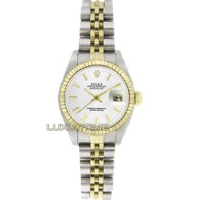 Rolex Ladys Watch Ss & Gold Datejust 6917 White Stick Dial 18k Gold Fluted Bezel