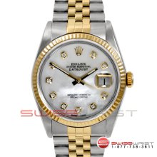 Rolex Mens 18K/SS Datejust 16013 w/ MOP Diamond Dial - Fluted Bezel