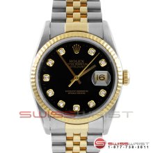 Rolex Mens Datejust Two Tone Black Diamond Dial Fluted All Original