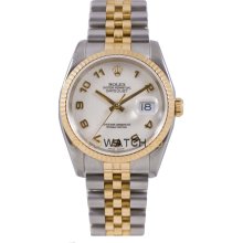 Rolex Mens New Style Heavy Band Stainless Steel & 18K Gold Datejust Model 116233 Jubilee Band Fluted Bezel Ivory Arabic Dial