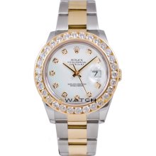 Rolex Mens New Style Heavy Band Stainless Steel & 18K Gold Datejust Model 116233 Oyster Band Custom Added White Diamond Dial & 3.5Ct Diamond Bezel