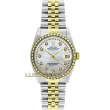 Rolex Mens Ss & Gold Datejust 16013 Mop String Diamond Dial & 1ct Diamond Bezel