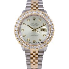 Rolex Mens Stainless Steel & 18K Gold Datejust Model 16233 Jubilee Band Custom Added Silver Diamond Dial & 3.5Ct Diamond Bezel