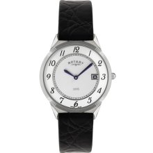 Rotary Gents Ultra Slim Black Leather Strap with White Dial Watch