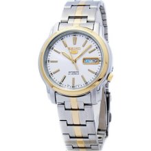 Seiko 5 Two Tone Stainless Steel Case And Bracelet White Dial Day And