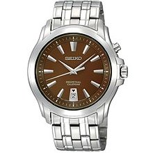 Seiko Brown Dial Silver Tone Bracelet Perpetual Calendar Mens Watch - SNQ119