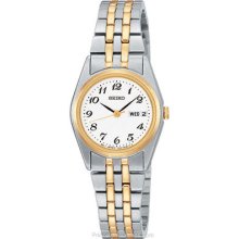 Seiko Ladies Day/Date Watch - White Dial w/ Black Numerals - Two-Tone SXA124