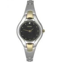 Seiko Ladies Diamond Bangle Black Dial Stainless Gold Tone SUJF87