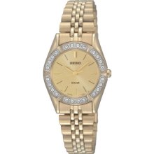 Seiko Ladies Gold Tone Stainless Steel Solar Quartz Gold Dial Swarovski Crystals SUP096