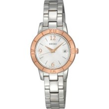 Seiko Ladies Stainless Steel Quartz Rose Gold Tone Bezel Silver Dial Link Bracelet SXDE36