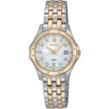 Seiko Ladies Two Tone Stainless Steel Quartz Mother of Pearl Dial Crystal Hour Markers SXDE22