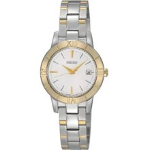 Seiko Ladies Two Tone Stainless Steel Quartz Gold Tone Bezel Silver Dial Link Bracelet SXDE38