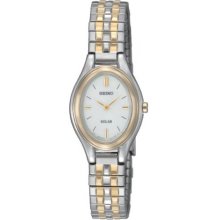 Seiko Ladies Two Tone Stainless Steel Oval Shape Solar Quartz White Dial Expnasion Bracelet SUP104