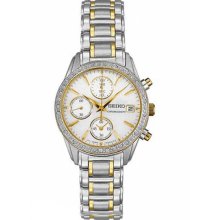 Seiko Ladies Two Tone Stainless Steel Chronograph Mother of Pearl Dial Swarovski Crystals SNDY20