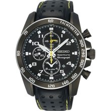 Seiko Mens Black Chronograph Leather-Strap Watch