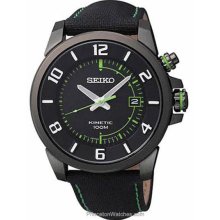 Seiko Men's Black Stainless Steel Case Leather Strap Kinetic Black Dial Date Display SKA557