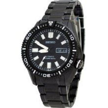 Seiko Men's Black Stainless Steel Automatic Black Dial Day and Date Display SKZ329