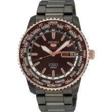 Seiko Men's Black Stainless Steel Automatic Rose Two Tone Brown Dial World Time Bezel SRP132