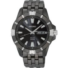 Seiko Men's Black Stainless Steel Solar Quartz Link Bracelet Black Dial SNE177