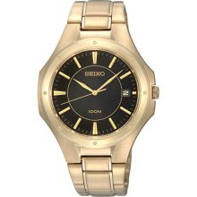 Seiko Men's Gold Tone Stainless Steel Black Dial Quartz Link Bracelet SGEF66