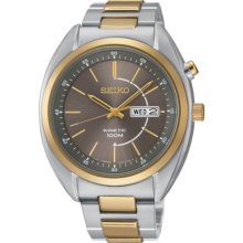 Seiko Men's Kinetic Two Tone Stainless Steel Case and Bracelet Brown Tone Dial Day and Date SMY132