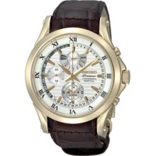 Seiko Men's Premier Chronograph Perpetual Stainless Steel Case Brown Leather Strap Sapphire Crystal SPC054